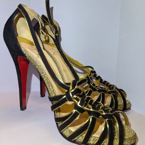 Christian Louboutin Black and Gold Heels with Signature Red Sole